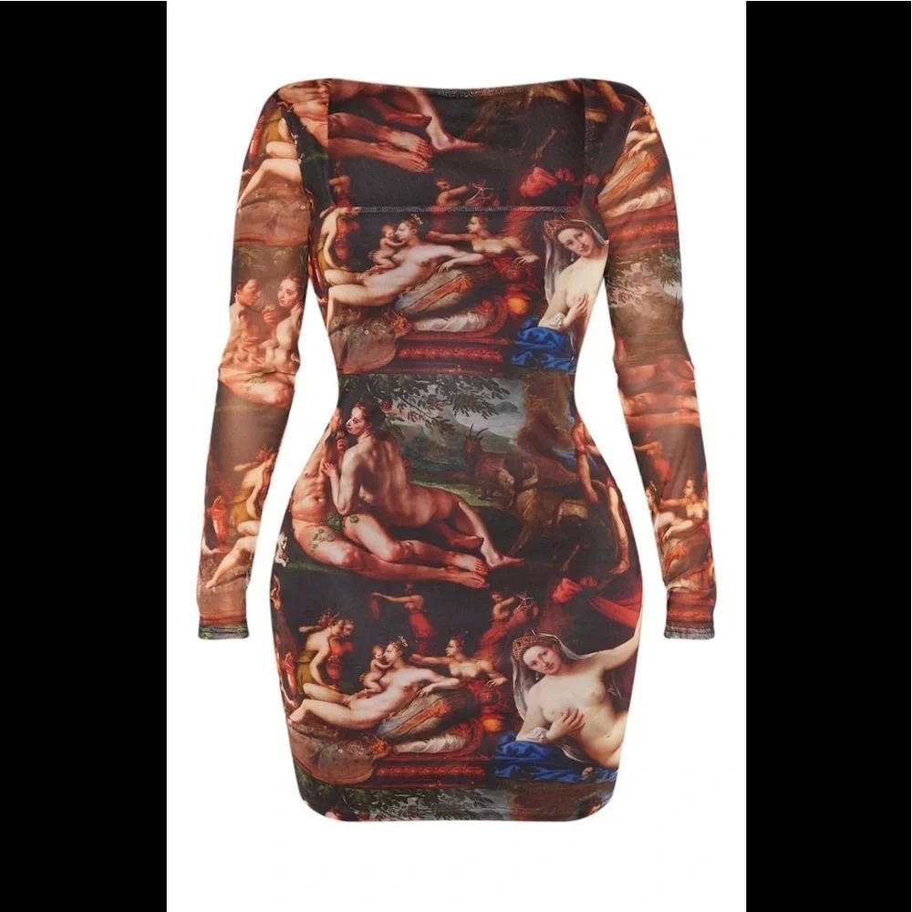 Plt Shape Multi Renaissance Print Mesh Square Neck Bodycon Dress, Size 10, NWOT - Picture 5 of 11